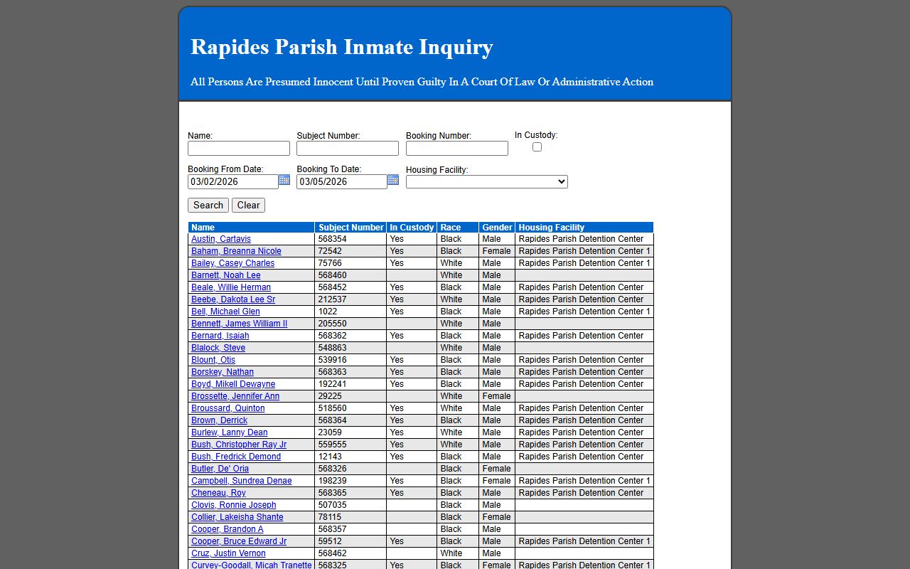 Rapides Parish inmate inquiry system for Alexandria arrests