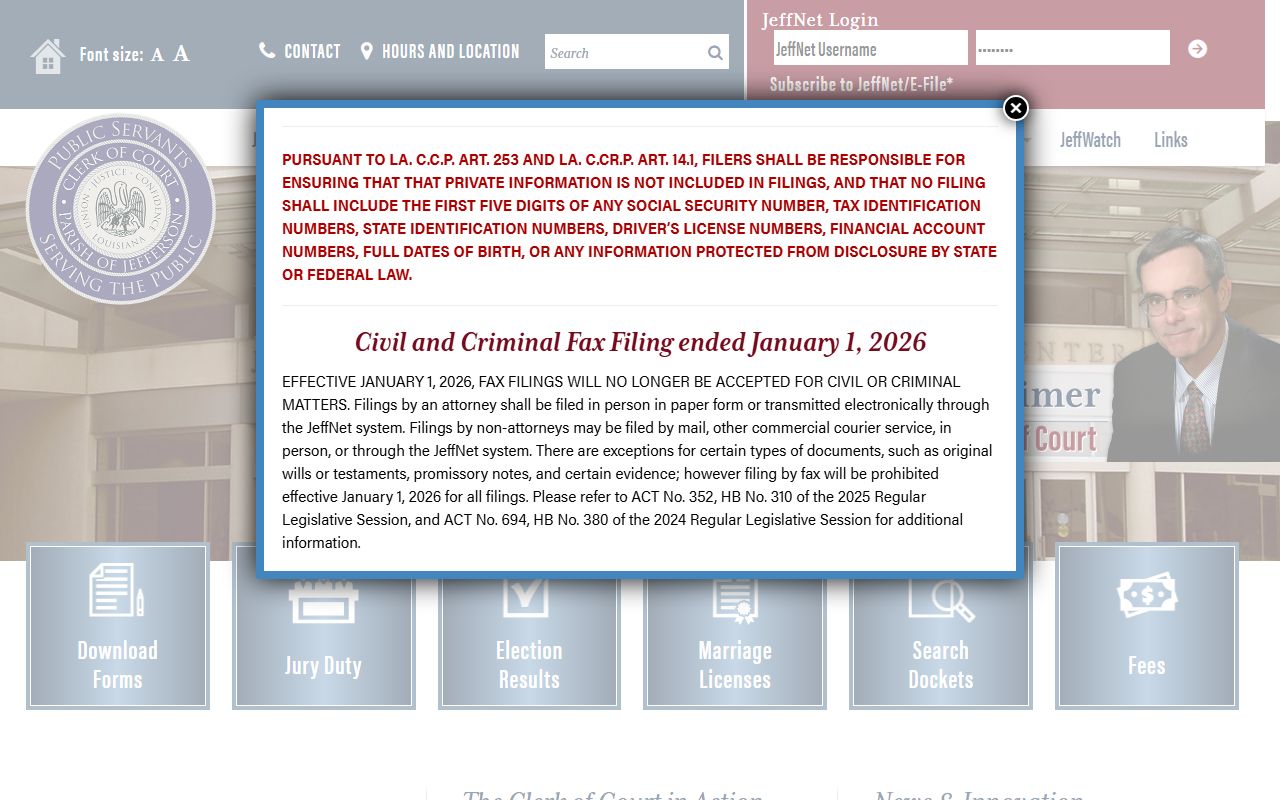 Jefferson Parish Clerk of Court website for case records