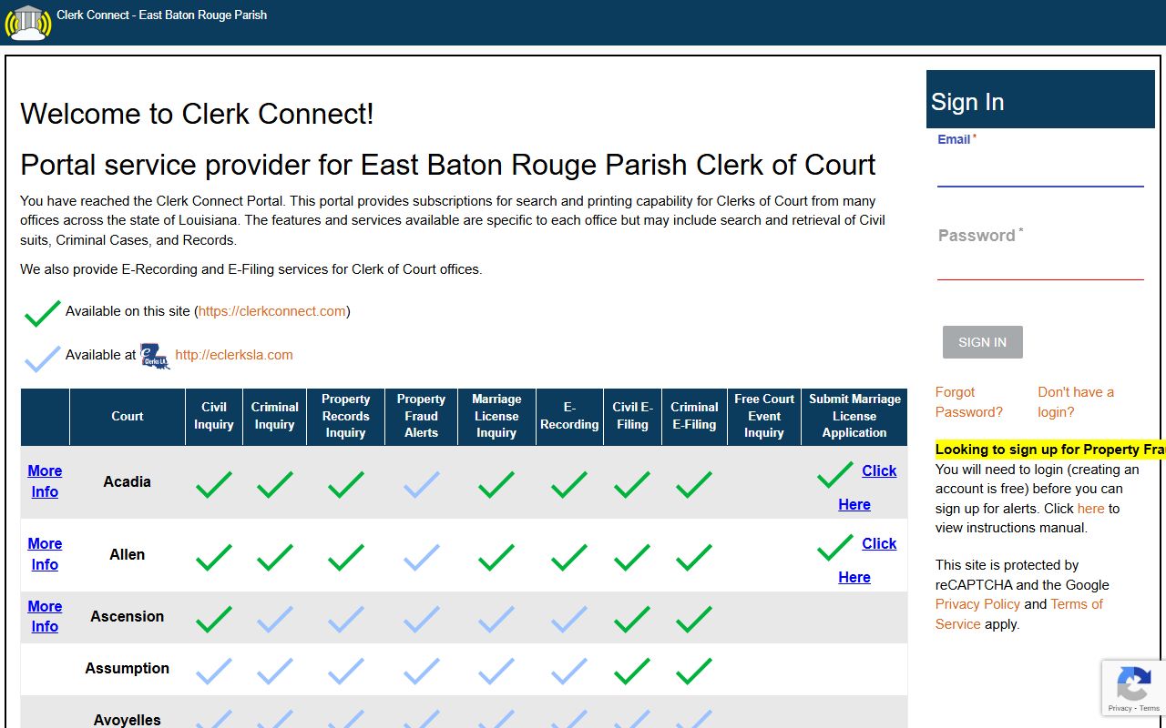 Clerk Connect portal for East Baton Rouge Parish recent arrests