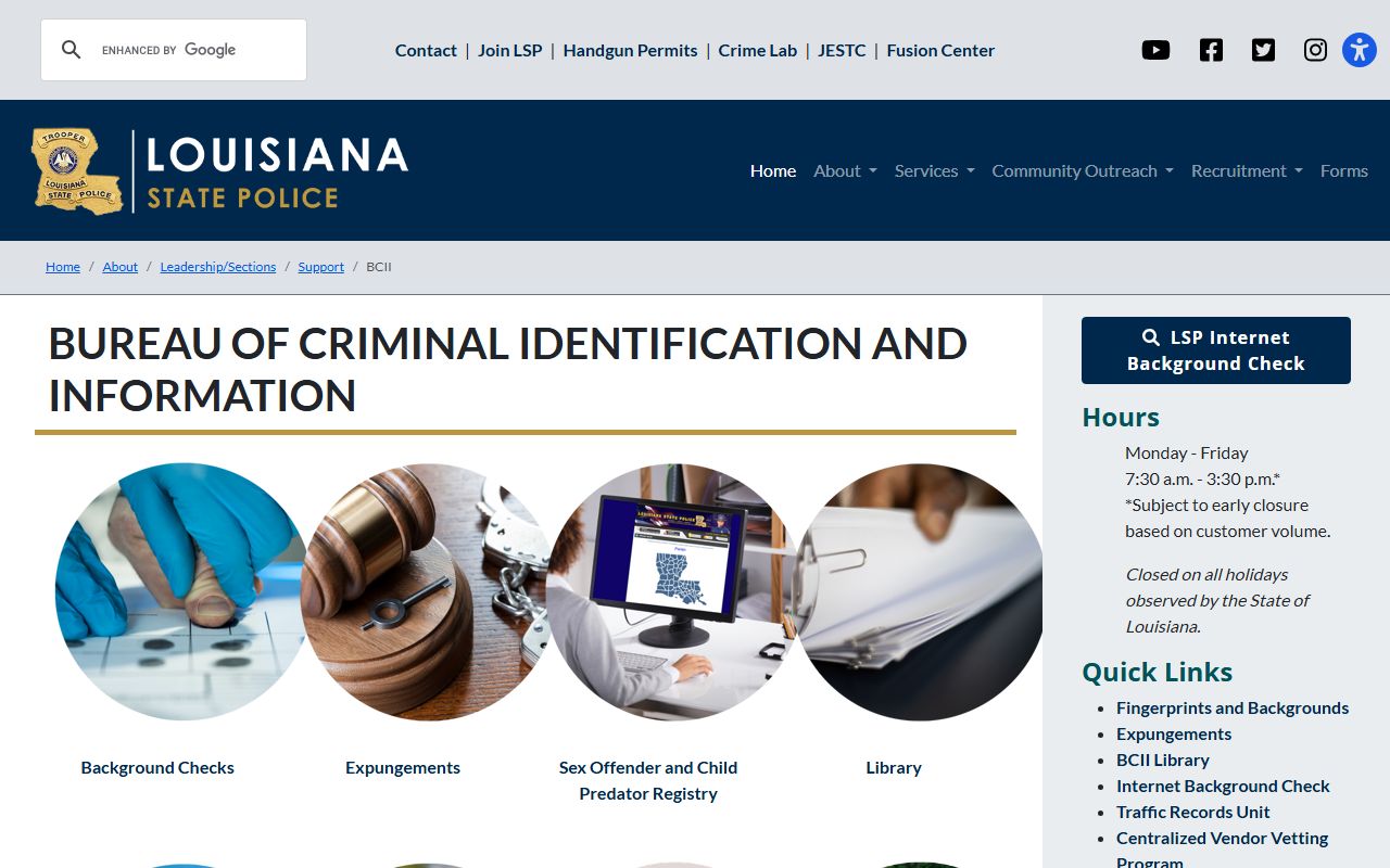 Louisiana State Police criminal records page for arrest records