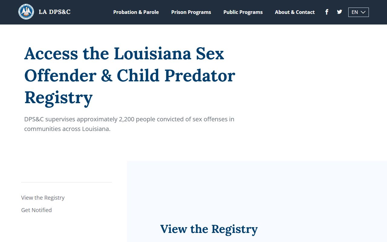 Louisiana DOC sex offender registry supervision page