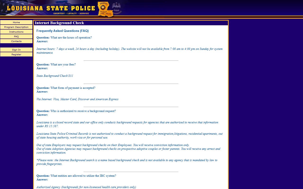 Louisiana IBC FAQ page with recent arrests record fee information