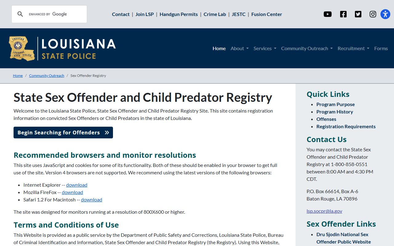 Louisiana State Police sex offender registry for public safety